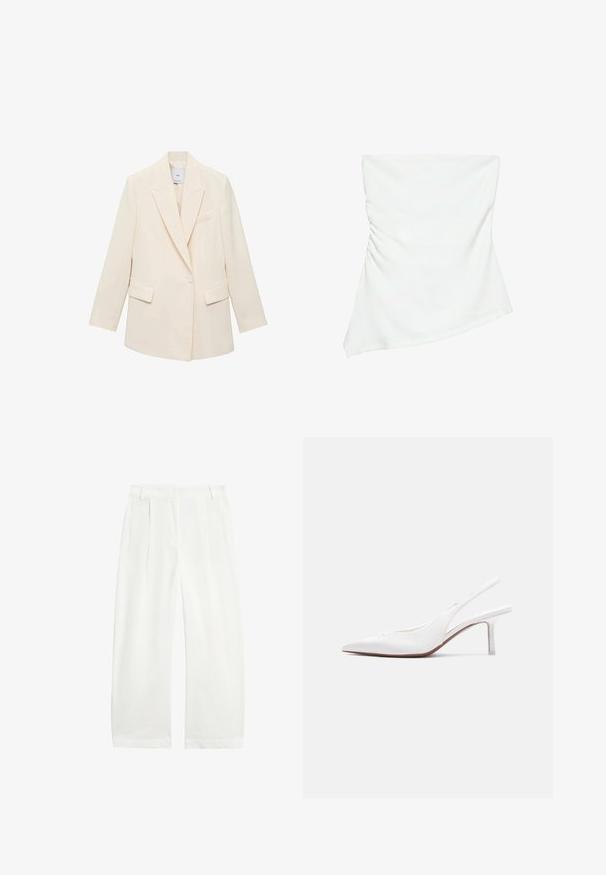 Blazer beige ajusté avec fermeture à un bouton, revers crantés, deux poches avant et une silhouette épurée. Tissu lisse et texturé.; Haut blanc asymétrique sans bretelles avec un léger détail froncé sur un côté, style ajusté, design épuré et minimaliste.; Pantalon blanc taille haute à jambes larges, avec plis devant et passants de ceinture, présenté sur fond blanc.; Chaussure pour femme en cuir blanc avec bride arrière, bout pointu, petit talon kitten bas et petit nœud décoratif sur le dessus, vue de profil latéral.