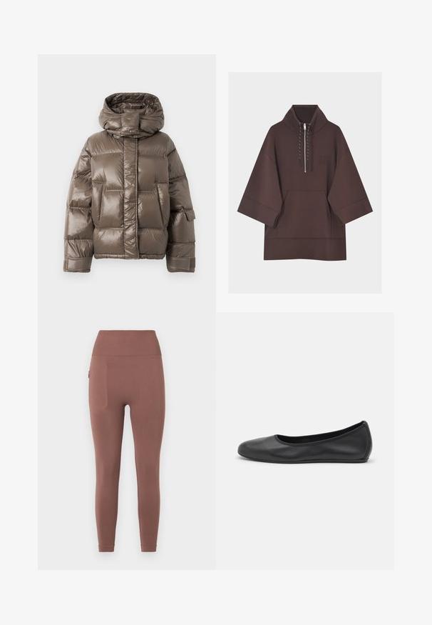 Bruine gewatteerde jas met een hoge kraag, voorzien van een glanzende afwerking, grote voorzakken en een licht oversized pasvorm.; Donkerbruine pullover hoodie met brede driekwart mouwen, een kangoeroezak aan de voorkant en een korte ritssluiting met trekkoorden bij de kraag.; Hoog getailleerde, volledig lange mauve legging met naadloos ontwerp en kleine zijzak, geschikt voor sportkleding.; Zwarte leren ballerina met een ronde neus, gladde textuur, minimale stikdetails en een flexibele zoolontwerp.