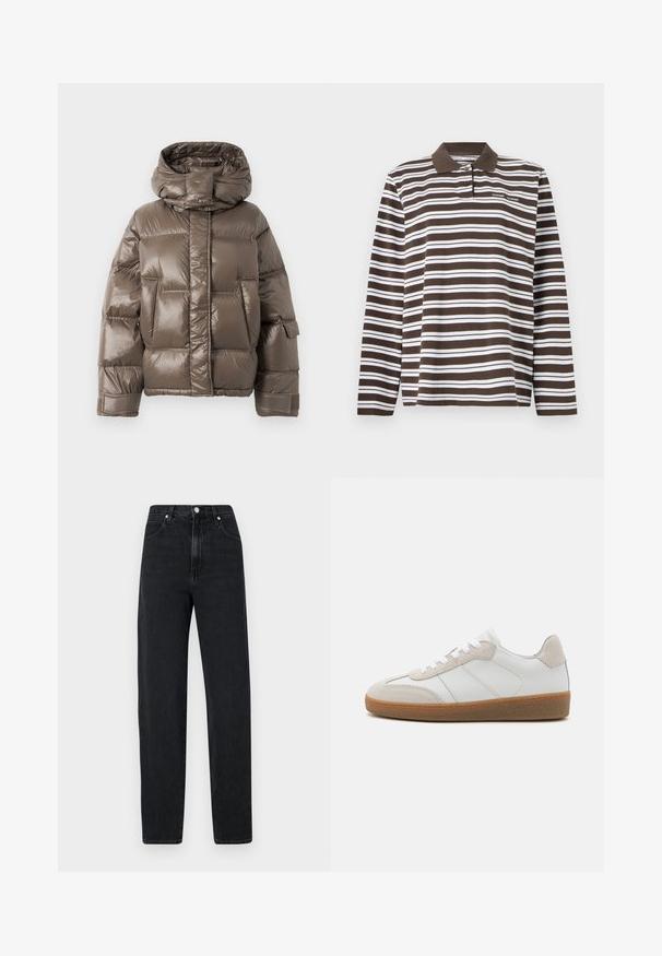 Veste rembourrée marron avec un col haut, présentant une finition brillante, de grandes poches avant et une coupe légèrement oversize.; Samsøe Samsøe SADOVER - T-shirt à manches longues - turkish coffee; Jean noir à jambe droite en denim. Présente une taille haute, une fermeture à bouton en métal, cinq poches et des détails de couture subtils.; Baskets en cuir blanc avec des accents en suède beige, languette texturée et semelle en caoutchouc. Elles sont dotées de lacets blancs et de détails couture subtils.