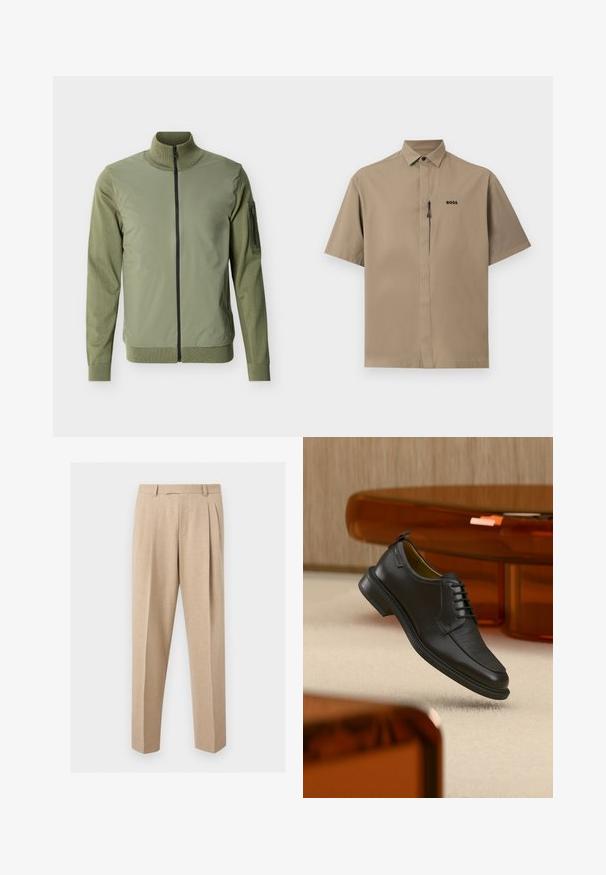 Veste homme vert olive avec fermeture éclair frontale complète, col montant, manches tricotées et poche zippée sur le bras supérieur gauche.; Chemise beige à manches courtes avec col pointu, fermeture éclair frontale invisible et logo "BOSS" sur la poitrine gauche.; Pantalon beige sur mesure avec plis sur le devant, passants de ceinture et jambes droites, présenté sur un fond clair et uni.; Chaussure habillée noire en cuir à lacets avec devant texturé, flottant au-dessus d'un tapis beige dans une pièce moderne avec des meubles teintés d'ambre.