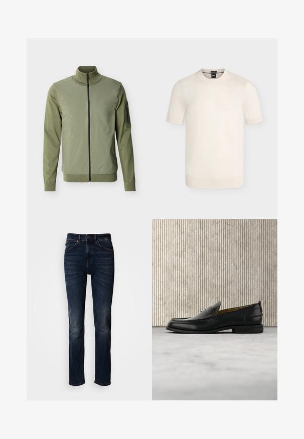 Veste homme vert olive avec fermeture éclair frontale complète, col montant, manches tricotées et poche zippée sur le bras supérieur gauche.; Pull en maille crème à manches courtes avec col rond et poignets et ourlet côtelés sur un fond uni.; Jean denim bleu foncé à coupe droite, avec un design traditionnel à cinq poches, des coutures visibles et une fermeture bouton à la taille.; Mocassin pour homme en cuir noir avec un dessus embossé effet croco et un petit talon, présenté de profil sur un fond neutre.