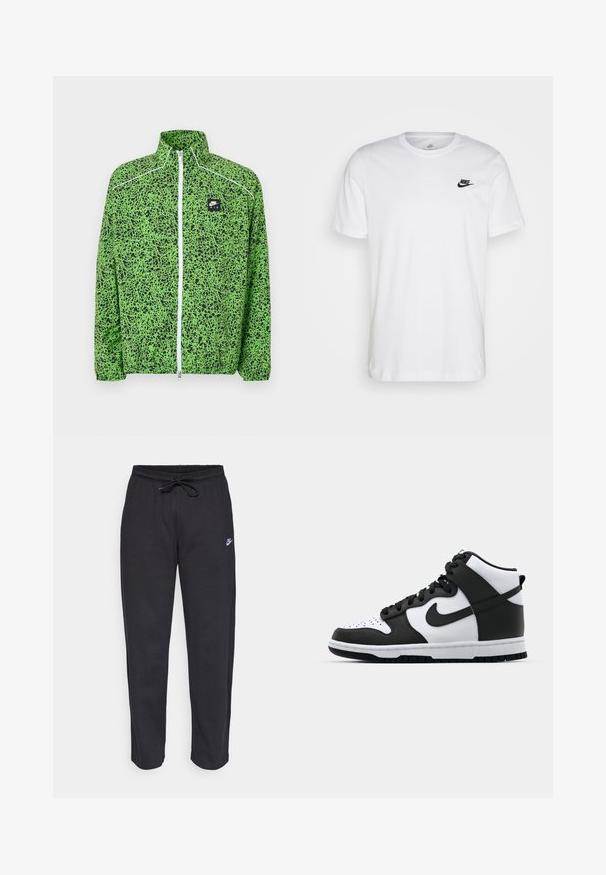 Grøn og sort mønstret Nike Air jakke med fuld lynlås, høj krave og hvide lynlåsdetaljer.; Hvid bomulds T-shirt med rund hals, korte ærmer og et sort Nike-logo på venstre bryst. Enkel, ensfarvet design.; Sorte sweatpants lavet af blødt stof med elastisk talje, snøre og et lille Nike-logo på venstre lår.; Sort og hvid høj-top sneakers med læderoverdel, perforeret tåboks, fremtrædende swoosh-logo og struktureret gummisål.