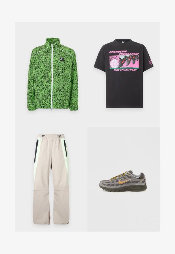 Grøn og sort mønstret Nike Air jakke med fuld lynlås, høj krave og hvide lynlåsdetaljer.; Sort Nike t-shirt med pink grafik af fodboldstøvler, der sparker en fodbold, teksten "Friendship Tournament" og "Nike Sportswear" på forsiden.; Beige bukser med lysegrønne sidepaneler, sorte lår-lommer med lynlås og elastisk talje med sorte snore.; Grå ruskindssneaker med gyldne accenter, teksturerede paneler og matchende snørebånd. Har en polstret sål og logodetalje på siden.