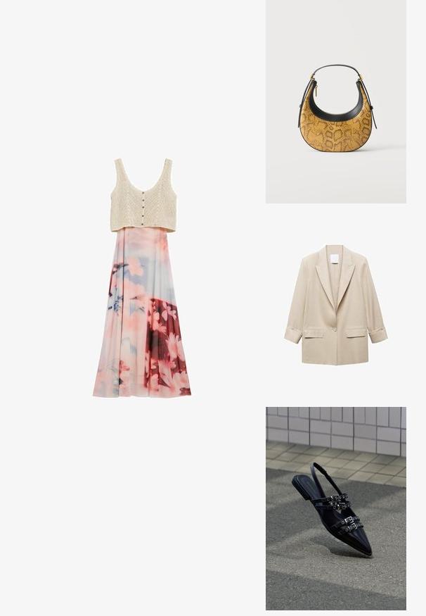 Beige Blazer mit einem Knopf, mit Reverskragen, zwei Klappentaschen und Ärmeln bis zur Handgelenkslänge mit knöpfbaren Manschetten.; Ärmelloses, beiges, gestricktes Crop-Top mit Knöpfen, kombiniert mit einem hoch taillierten, fließenden Rock mit floralem Muster in sanften Rosa-, Blau- und Burgundertönen.; Schwarze flache Sandale mit spitz zulaufender Spitze, mehreren Riemchen mit Schnallen und Slingback, vor einem gepflasterten Boden und einem gefliesten Wandhintergrund positioniert.; Kleine gewölbte Handtasche mit gelb-braunem Schlangenhautmuster und schwarzem Lederbesatz, mit goldenem Reißverschluss und kurzem Griff.