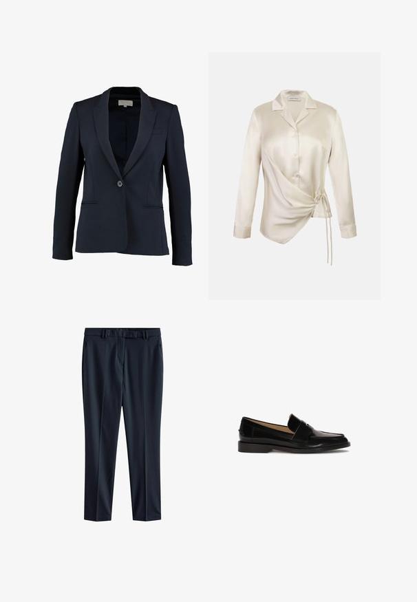 Blazer náutico con solapa de muesca, cierre de botón simple y dos bolsillos frontales. Tejido suave y corte entallado.; Blusa de satén color crema con cuello, mangas largas, cierre de botones en el frente y diseño asimétrico envolvente con detalle de cordón en un lado.; Pantalones azul marino de tejido liso con corte recto, que cuentan con una cinturilla con pasadores para cinturón y bolsillos laterales.; Mocasines de cuero negro con un acabado suave, punta redondeada y una correa decorativa en la parte frontal. Diseño de tacón bajo.