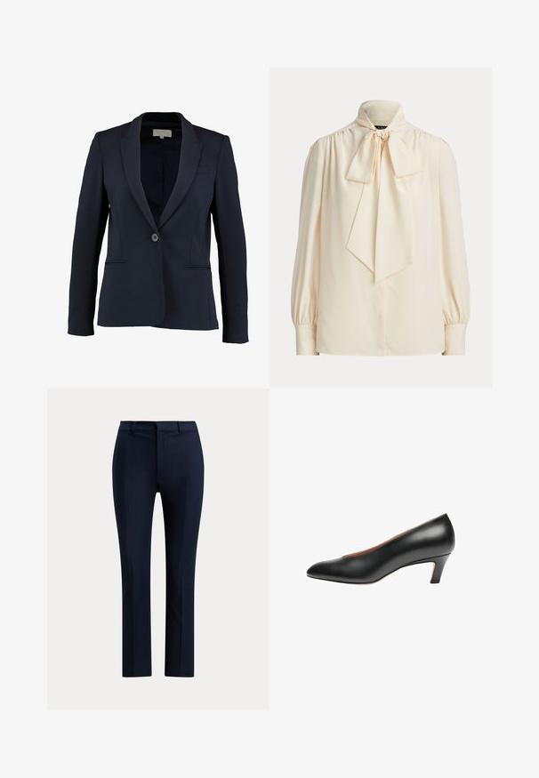 Blazer náutico con solapa de muesca, cierre de botón simple y dos bolsillos frontales. Tejido suave y corte entallado.; Blusa cremosa de manga larga con cuello alto y un gran lazo atado en el cuello, con hombros fruncidos y mangas con puños.; Pantalones rectos a medida de color azul marino oscuro con trabillas para cinturón y cierre delantero con cremallera sobre fondo blanco.; Zapato de tacón negro de cuero con punta afilada y tacón de altura media. Textura suave con un diseño minimalista y sin adornos visibles.