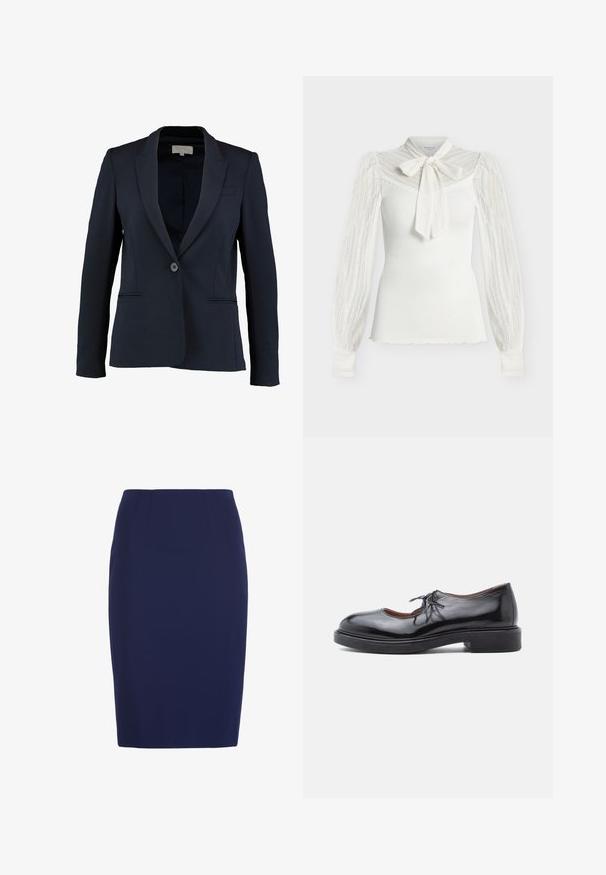 Marineblazer met een geknipt revers, enkele knoopsluiting en twee voorzakken. Gladde stof en getailleerde pasvorm.; Witte geribde top met lange mouwen, kanten mouwen, kanten inzetstuk en een grote kanten strik gestrikt in de nek.; Marineblauwe kokerrok tot op de knie met een getailleerde taille en subtiele verticale naaddetails.; Zwarte leren ballerina's met een ronde neus, vetersluiting en een dikke zwarte zool. Glad materiaal met minimale accenten.