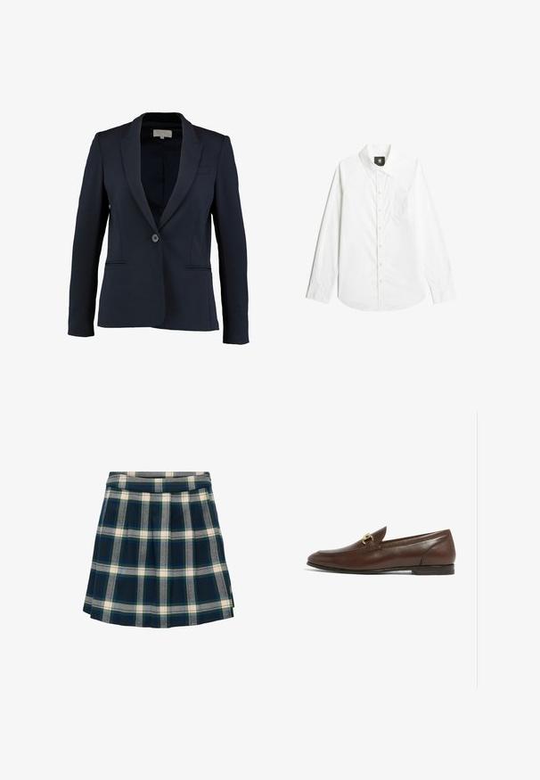 Marineblazer met een geknipt revers, enkele knoopsluiting en twee voorzakken. Gladde stof en getailleerde pasvorm.; Wit overhemd met lange mouwen, knopen, kraag en borstzak, platliggend op een witte achtergrond.; Geruite rok in marineblauw, groen en crème; geplooid ontwerp met een gladde tailleband, gemaakt van stof die zacht en textuur lijkt te zijn.; Bruine leren instapper met een ronde neus, voorzien van een gouden hardwareaccent op de bovenkant. Platte zool met subtiele stikdetails.