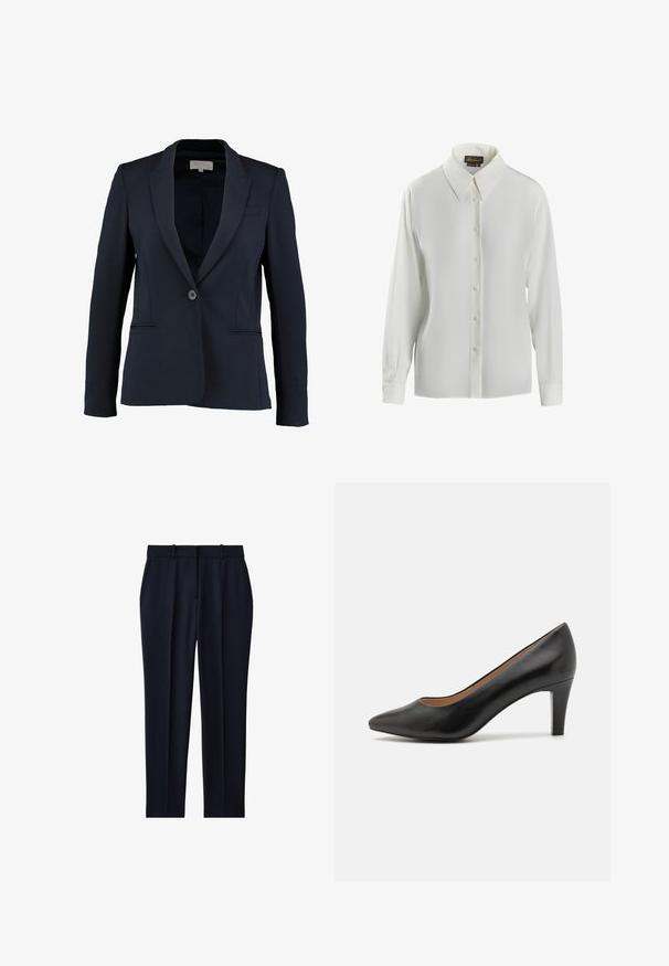 Marineblazer met een geknipt revers, enkele knoopsluiting en twee voorzakken. Gladde stof en getailleerde pasvorm.; Luisa Spagnoli LIMONAIA - Overhemdblouse - panna; Marineblauwe op maat gemaakte broek met riemlussen, zijzakken, voorplooi en rechte pijpen.; Zwarte leren hoge hakpomp met een spitse neus, strak ontwerp, een gematigde hak en een gladde textuur. Het interieur heeft een bruine voering.
