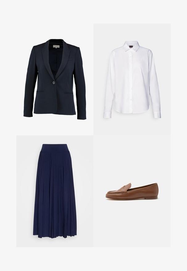 Blazer náutico con solapa de muesca, cierre de botón simple y dos bolsillos frontales. Tejido suave y corte entallado.; Camisa blanca de manga larga con botones, hecha de algodón. Presenta un cuello clásico y un sutil bordado de la marca en el pecho. Textura suave.; Falda plisada de color marino, elaborada en una tela suave, con una cinturilla amplia y cómoda, y un diseño fluido con pliegues verticales en toda la prenda.; Mocasín clásico de cuero marrón con tacón bajo y detalle de puntera mocasín cosida, mostrado de perfil en un fondo blanco.