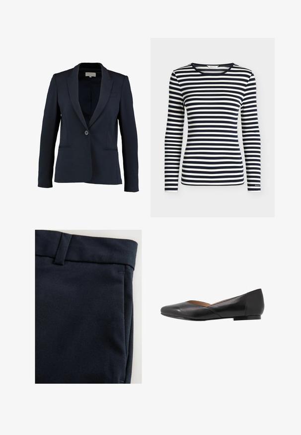 Marineblazer met een geknipt revers, enkele knoopsluiting en twee voorzakken. Gladde stof en getailleerde pasvorm.; Oversized shirt met lange mouwen met marineblauwe en witte horizontale strepen en een ronde hals, met het merk GANT op de mouwboord.; Marineblauwe broek met een gladde stoftextuur, een platte voorkant en subtiele stikdetails langs de tailleband en zakken.; Zwarte leren platte schoen met een spitse neus, lage hak en een iets open bovenwerk ontwerp. Gladde textuur met minimale stikdetails.