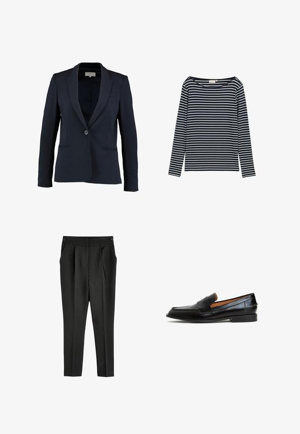 Marineblazer met een geknipt revers, enkele knoopsluiting en twee voorzakken. Gladde stof en getailleerde pasvorm.; Navy en witte gestreepte langarmshirt met een brede halslijn, gemaakt van een zacht materiaal, met gelijkmatig verdeelde horizontale strepen.; Hoge taille zwarte broek met een gestructureerde afwerking, voorzien van voorplooien, zijzakken en een knoopsluiting bij de taille.; Zwarte leren loafers met een strakke uitstraling, voorzien van een brede band over de wreef, een ronde neus en een platte zool. Soepele textuur met minimale stiksels.
