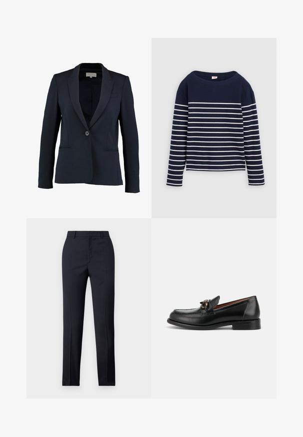 Blazer náutico con solapa de muesca, cierre de botón simple y dos bolsillos frontales. Tejido suave y corte entallado.; Levi's® MARIN STRIPE - Camiseta de manga larga - navy/egret; Pantalones de corte recto en color navy, con una textura suave, dos bolsillos delanteros y una cinturilla limpia.; Mocasín de cuero negro con tacón bajo, puntera redondeada y detalle decorativo de hebilla metálica en la parte delantera.