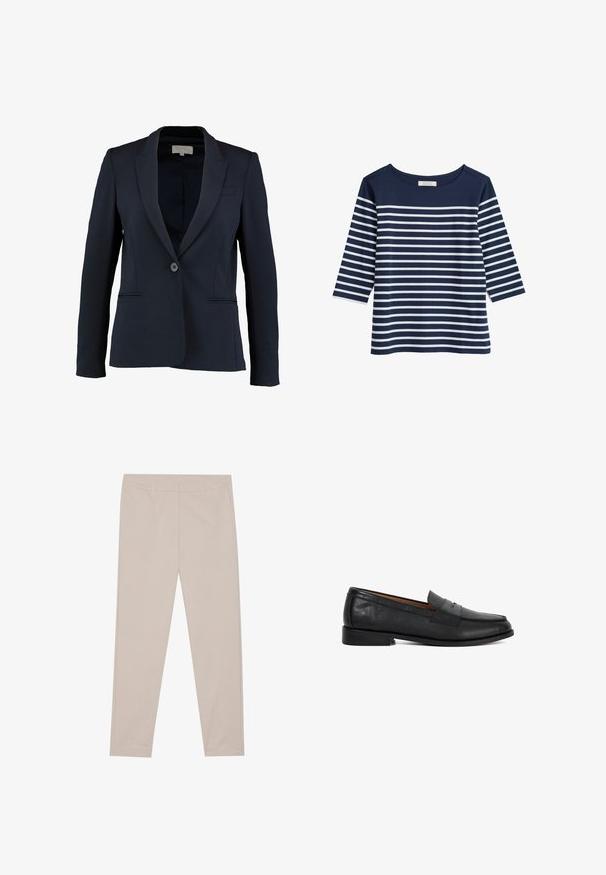 Blazer náutico con solapa de muesca, cierre de botón simple y dos bolsillos frontales. Tejido suave y corte entallado.; Top de algodón azul marino con mangas 3/4, con rayas blancas horizontales. Cuello redondo y corte relajado. Textura suave.; Pantalones beige hechos de una tela suave, con corte recto, bolsillos frontales y una cinturilla limpia sin adornos ni patrones.; Mocasin negro de cuero con tacón bajo, punta redondeada y detalle de tira en la parte superior lisa, mostrado en perfil lateral izquierdo.