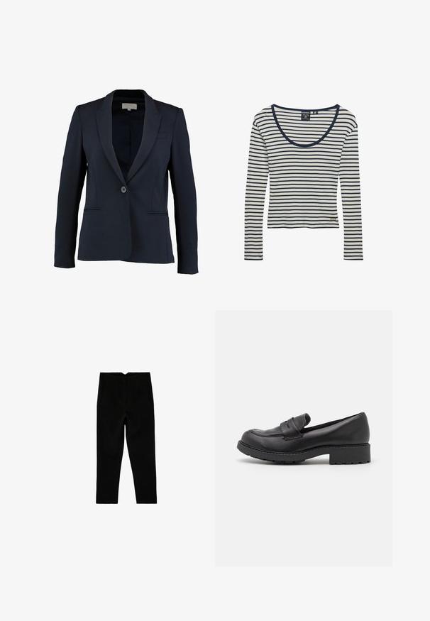 Marineblazer met een geknipt revers, enkele knoopsluiting en twee voorzakken. Gladde stof en getailleerde pasvorm.; Wit shirt met lange mouwen met marineblauwe horizontale strepen en een ronde hals, met het label Superdry bij de zoom en binnen de kraag.; Zwarte op maat gemaakte broek tot aan de enkel met zijzakken en een licht taps toelopende pijp, plat liggend op een witte achtergrond.; Zwarte leren instappers met een ronde neus, twee decoratieve banden over de bovenkant en een dikke rubberen zool met profiel.