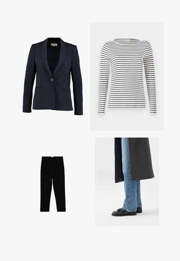 Marineblazer met een geknipt revers, enkele knoopsluiting en twee voorzakken. Gladde stof en getailleerde pasvorm.; Langsleeve gestreepte shirt gemaakt van zachte stof, met navy en witte horizontale strepen, ronde halslijn en een slim-fit ontwerp.; Zwarte op maat gemaakte broek tot aan de enkel met zijzakken en een licht taps toelopende pijp, plat liggend op een witte achtergrond.; Zwarte leren instappers met kwastjes, gedragen met lichtblauwe rechtlopende jeans, aangevuld met een donkergrijze jas. Schone lijnen en textiel met structuur.