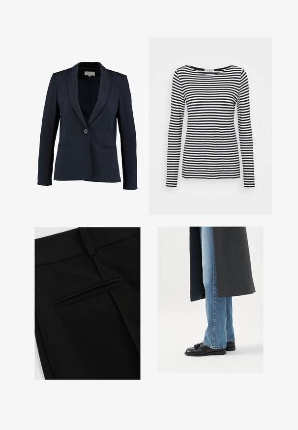 Marineblazer met een geknipt revers, enkele knoopsluiting en twee voorzakken. Gladde stof en getailleerde pasvorm.; Langemouwen, ronde hals T-shirt met een zwart-wit gestreept patroon. Gemaakt van zachte stof met een reguliere pasvorm. Schoon, minimalistisch ontwerp.; Zwarte broek van gladde stof, met een vlakke voorkant en een enkele achterzak met een gleufopening.; Zwarte leren instappers met kwastjes, gedragen met lichtblauwe rechtlopende jeans, aangevuld met een donkergrijze jas. Schone lijnen en textiel met structuur.