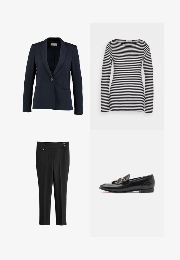 Blazer náutico con solapa de muesca, cierre de botón simple y dos bolsillos frontales. Tejido suave y corte entallado.; Top de manga larga en algodón, con rayas horizontales en azul marino y blanco, cuello redondo, corte ajustado, con textura suave y diseño minimalista.; Pantalones negros a medida con frente liso, bolsillos laterales, un pequeño bolsillo con solapa abotonada y dos botones decorativos dorados en la cinturilla.; Mocasines de cuero negro con puntera redondeada, detalle de borlas y una sutil marca en el tacón. Textura suave con diseño de tacón bajo.