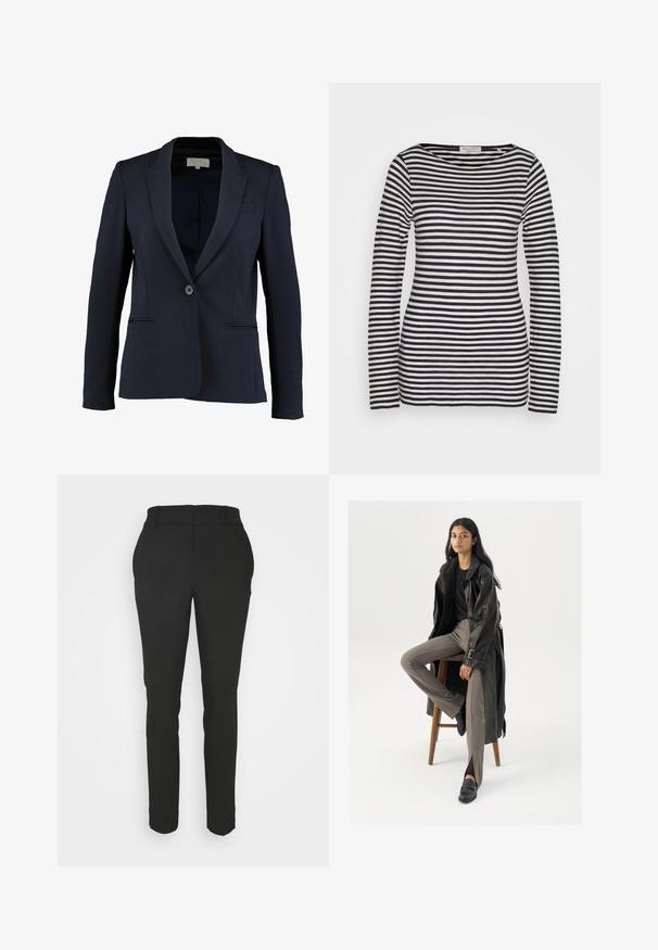 Blazer náutico con solapa de muesca, cierre de botón simple y dos bolsillos frontales. Tejido suave y corte entallado.; Top de manga larga en algodón, con rayas horizontales en azul marino y blanco, cuello redondo, corte ajustado, con textura suave y diseño minimalista.; Pantalones negros ajustados de corte entallado, con una textura suave y una cinturilla plana. Presentan presillas para cinturón y sin patrones o acentos visibles.; Abrigo de trench de cuero negro con botones y detalle de cinturón, combinado con pantalones ajustados de color marrón claro y mocasines negros, sentado en un taburete de madera.