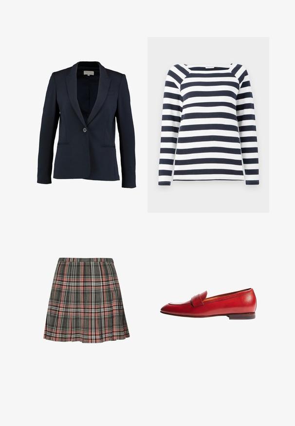 Marineblazer med slagkrave, enkelt knaplukning og to forlommer. Glat stof og skræddersyet pasform.; TOM TAILOR STRIPED CARRE NECK - Langærmet T-shirt - lunar eclipse/off white; Rutnederdel i grå og pink med plisseret design og sorte og hvide accenter. Fremstillet af vævet stof, midt på låret længde.; Scarosso VALERIA - Loafers - red calf