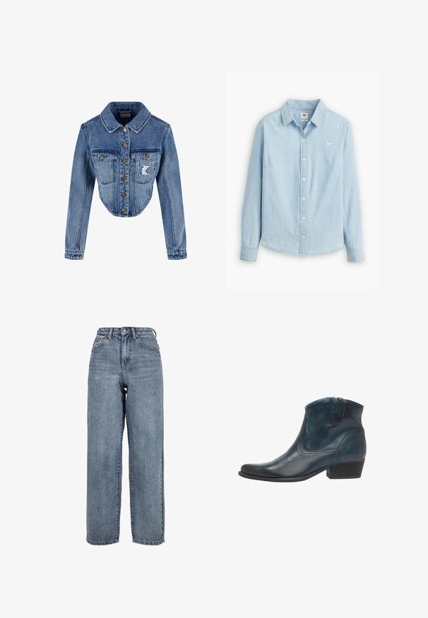 Chaqueta de mezclilla recortada en azul claro con cuello puntiagudo, cierre de botones, dos bolsillos en el pecho y detalle de logo bordado en el bolsillo izquierdo.; Camisa de botones azul claro hecha de suave tela de mezclilla. Presenta un collar clásico y mangas largas, con un pequeño logo en el pecho.; Vaqueros de pierna ancha de color azul claro, hechos de denim, con una cintura alta, diseño de cinco bolsillos y costuras visibles a lo largo de las costuras.; Botas de cowboy hasta el tobillo, hechas de cuero azul oscuro, con punta afilada, acentos curvados y un tacón bajo apilado con sutiles detalles de costura.