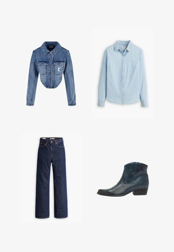 Chaqueta de mezclilla recortada en azul claro con cuello puntiagudo, cierre de botones, dos bolsillos en el pecho y detalle de logo bordado en el bolsillo izquierdo.; Camisa de botones azul claro hecha de suave tela de mezclilla. Presenta un collar clásico y mangas largas, con un pequeño logo en el pecho.; Vaqueros de mezclilla azul oscuro de pierna recta con cinco bolsillos, costuras naranjas y cierre de botón.; Botas de cowboy hasta el tobillo, hechas de cuero azul oscuro, con punta afilada, acentos curvados y un tacón bajo apilado con sutiles detalles de costura.