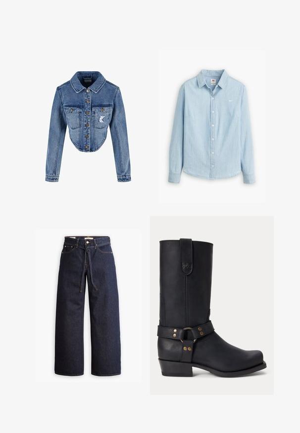 Geknipte denimjas in lichtblauw met puntige kraag, knoopsluiting, twee borstzakken en geborduurd logo-detail op de linkse zak.; Lichtblauwe overhemdbloes gemaakt van zacht denimstof. Heeft een klassieke kraag en lange mouwen, met een klein logo op de borst.; Wijd pijpjes donkerblauwe denim jeans met een hoge taille, voorzien van een trekkoord, vijf zakken en contrasterende stiksels.; Zwarte leren laars tot halverwege de kuit met lage hak, ronde neus en decoratieve band met metalen klinknagels en ring rond de enkel.