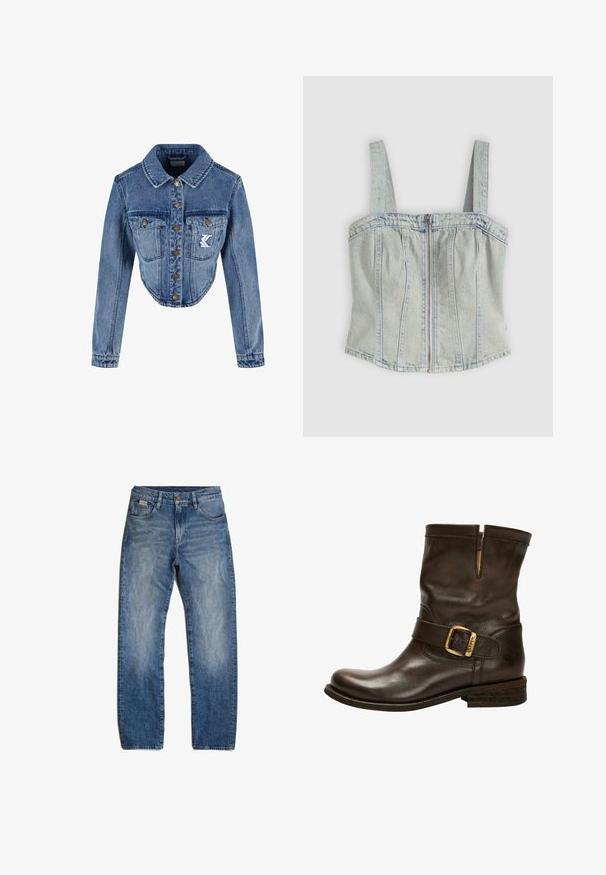 Geknipte denimjas in lichtblauw met puntige kraag, knoopsluiting, twee borstzakken en geborduurd logo-detail op de linkse zak.; Lichtblauw denim korsetje met brede banden, ritssluiting aan de voorkant, verticale naaddetails en een rechte zoom.; Blauwe denim jeans met een rechte snit, lichte vervaging en subtiele wassing. Beschikt over vijf zakken en een knoopsluiting.; Bruine leren enkelboot met een ronde neus, zijschoenbuckle, gestikte accenten en een lage gestapelde hak. Beschikt over een kenmerkende textuur.