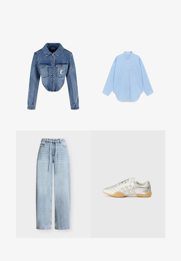 Kärbitud denimblaazer helesinises värvitoonis, millel on terava kraega, nööbid ja kaks rinna taskut ning broderi logo detail vasakul taskul.; Helehall sinise värvusega pika varrukaga nööbitav triiksärk, millel on terava kraega kaelus ja rinnatasku, asetatud tasapinnale valgel taustal.; Helesinised kõrge vöökohaga laiad teksapüksid esikinnisnuppude, tõmbluku, vööaasade, ees- ja tagataskutega ning sobiva teksariidest vöökohaga paelaga.; Hõbedane spordijalats, millel on siledast nahast pealmine osa, kummist tallad ja tekstuuriga detailid. Omadused hõlmavad kõverdatud kujundust ja toonitoonilisi paelu.