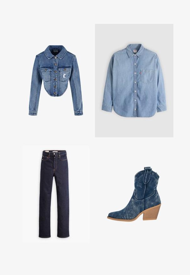 Chaqueta de mezclilla recortada en azul claro con cuello puntiagudo, cierre de botones, dos bolsillos en el pecho y detalle de logo bordado en el bolsillo izquierdo.; Camisa de mezclilla azul claro con cuello abotonado, bolsillo delantero y mangas largas. Presenta un dobladillo curvado y una textura sutil.; Jeans de mezclilla rectos de color azul oscuro con cinco bolsillos y costuras naranjas visibles sobre un fondo blanco.; Botas de tobillo de denim con punta afilada, tacón de madera apilada, lavado vintage y sutil detalle de costura en los laterales.