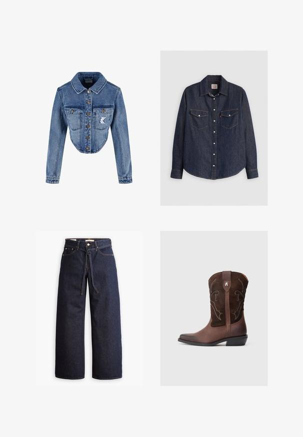 Afklippet denimjakke i lys blå med spids krave, knaplukning, to brystlommer og broderet logo-detalje på venstre lomme.; Mørkeblå denimskjorte med lange ærmer, knaplukning fortil, to brystlommer med klapper og kontrasterende gule sømme.; Bredde ben mørkeblå denim jeans med høj talje, der har snoretræk, fem lommer og kontrastsyet detaljer.; Brun lædercowboystøvle med en tekstureret overdel i ruskind, detaljeret hvid syning, spids tå og en lav blokhæl.