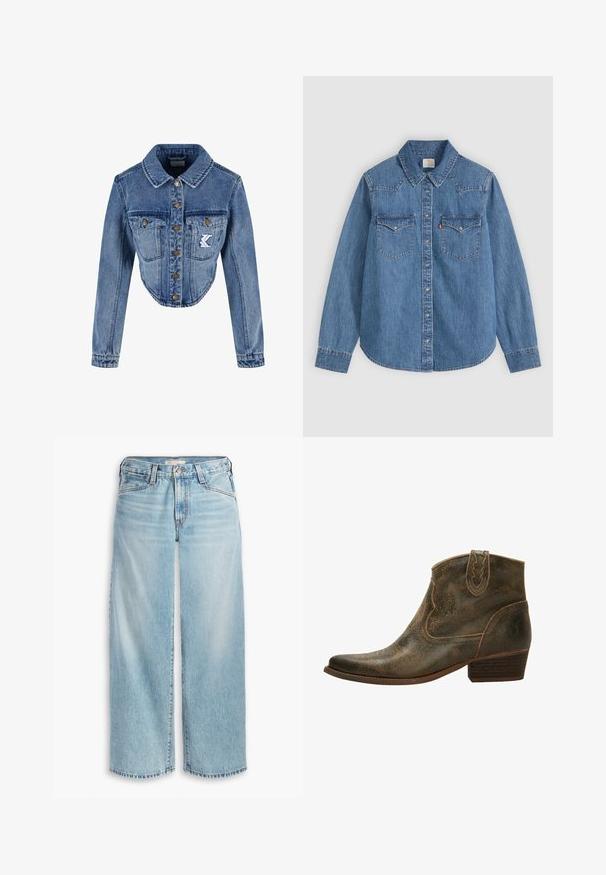 Chaqueta de mezclilla recortada en azul claro con cuello puntiagudo, cierre de botones, dos bolsillos en el pecho y detalle de logo bordado en el bolsillo izquierdo.; Camisa vaquera azul de manga larga con botones, cuello puntiagudo y dos bolsillos con solapa en el pecho sobre un fondo claro.; Jeans de mezclilla de pierna ancha en un azul claro, con cintura alta, cierre de botón y dobladillo deshilachado. Costuras visibles y bolsillos.; Botín de piel marrón hasta el tobillo con punta afilada, costuras decorativas y un tacón bajo. Presenta un acabado sutilmente texturizado y una lengüeta.