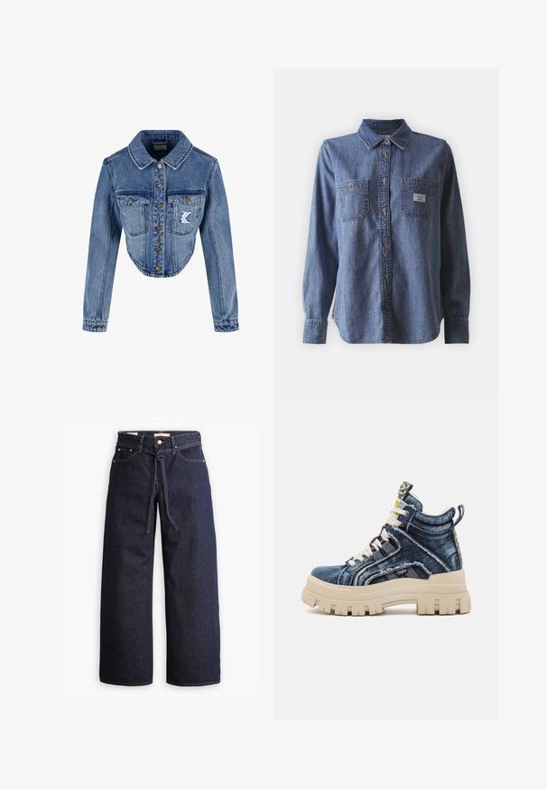 Geknipte denimjas in lichtblauw met puntige kraag, knoopsluiting, twee borstzakken en geborduurd logo-detail op de linkse zak.; Blauwe denim blouse met lange mouwen, voorzien van een button-down kraag, twee borstzakken, een klassieke pasvorm en een subtiele textuur. Etiket op de linker zak.; Wijd pijpjes donkerblauwe denim jeans met een hoge taille, voorzien van een trekkoord, vijf zakken en contrasterende stiksels.; Buffalo ASPHA MID - Sneakers hoog - blue