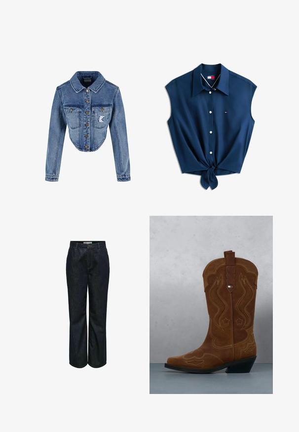 Geknipte denimjas in lichtblauw met puntige kraag, knoopsluiting, twee borstzakken en geborduurd logo-detail op de linkse zak.; Marineblauw mouwloos blouse met knopen, kraag en voorstrik, met klein Tommy Jeans-logo op de borst.; Donkerblauwe denim jeans met een relaxed fit, rechte pijpen en subtiele stiksels. Voorzien van een knoop- en ritsluiting met een vijfzakkenontwerp.; Bruine suède cowboylaars met decoratieve stiksels en een vlagembleem op de schacht, staande op een houten lattenvloer buiten.