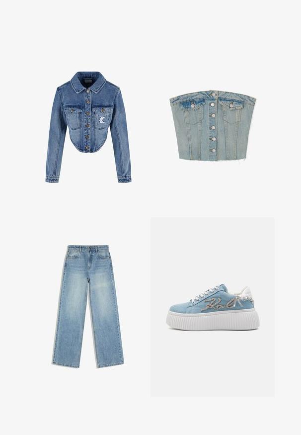 Afklippet denimjakke i lys blå med spids krave, knaplukning, to brystlommer og broderet logo-detalje på venstre lomme.; Denim corset top, lys blå, med en lige halsudskæring, frontknapper, to brystlommer og frynset kant. Struktureret design med lodrette sømme.; Lyseblå jeans med lige ben, med subtilt hvidt plettet mønster og klassisk fem-lomme design på hvid baggrund.; Blå denim platform sneakers med hvid gummisål, med sølv broderet logo og hvide accenter på hælen og snørområdet.