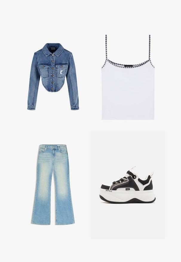 Geknipte denimjas in lichtblauw met puntige kraag, knoopsluiting, twee borstzakken en geborduurd logo-detail op de linkse zak.; Witte tanktop van zacht materiaal, met smalle spaghettibandjes en een zwart-wit geruite rand langs de halslijn.; Lichtblauwe high-waist jeans met wijde pijpen, voor- en achterzakken, knoop- en ritssluiting, en een vervaagde wassing op de dijen.; Platform sneakers met een zwart-wit ontwerp, gaasaccenten, textuurdetails en een prominent logo op de zijkant.