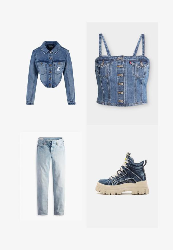 Afklippet denimjakke i lys blå med spids krave, knaplukning, to brystlommer og broderet logo-detalje på venstre lomme.; Denim cropped tanktop med tynde stropper, frontknaplukning, to brystlommer med klap og kontrastsyninger.; Lyseblå denimjeans med lige ben, fem lommer og metal-knapper i en standard livvidde.; Buffalo ASPHA MID - Sneakers high - blue