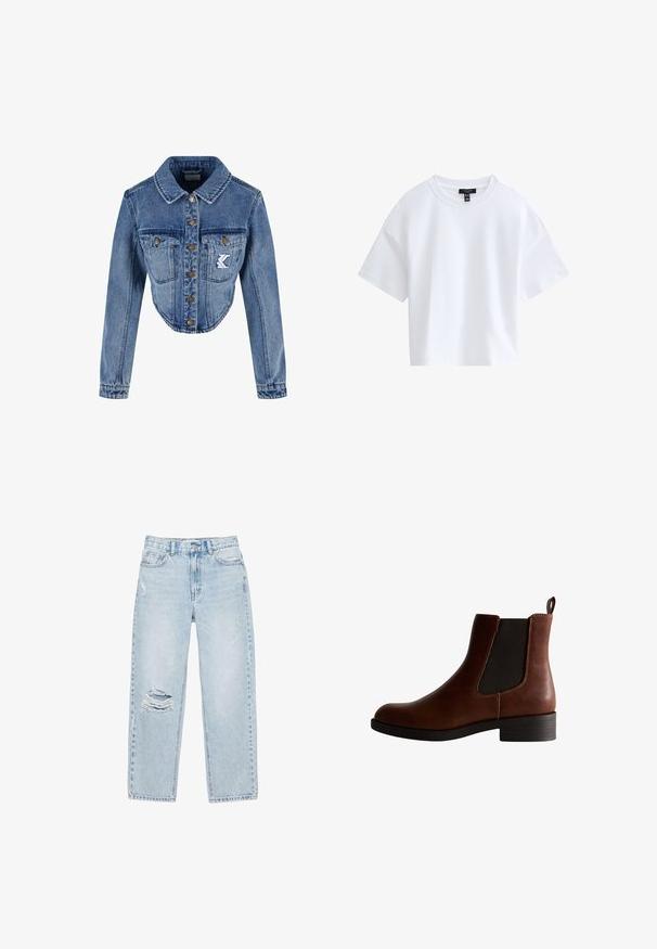 Afklippet denimjakke i lys blå med spids krave, knaplukning, to brystlommer og broderet logo-detalje på venstre lomme.; Simpel hvid kortærmet crop top med rund halsudskæring og sort mærke indeni kraven.; Lyseblå denimjeans med en løs pasform og slidte detaljer, inklusive et stort hul ved venstre knæ og subtile falmede pletter.; Brun læder ankelstøvle med elastiske sidepaneler, rund tå og en lav blockhæl. Har kontrastsyngninger og en pull-tab.
