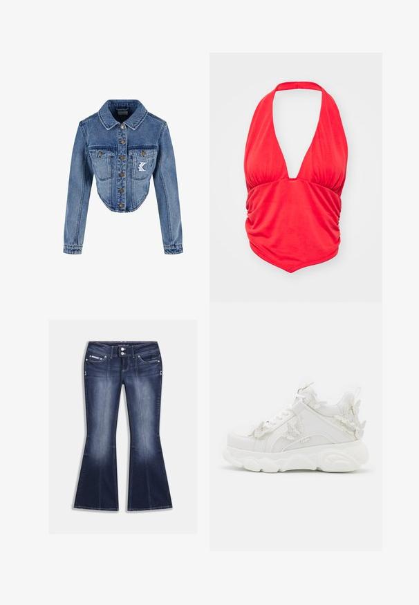 Kärbitud denimblaazer helesinises värvitoonis, millel on terava kraega, nööbid ja kaks rinna taskut ning broderi logo detail vasakul taskul.; Punane haltertop sügava V-kaelusega ja kokku tõmmatud kang detailidega rinna piirkonnas. Sile tekstuur ja sobiv kuju, sobib igapäevaseks kandmiseks.; Tumed sinised laiaks lõigatud teksapüksid teksast, millel on viis taskut, kontrastõmblused ja ees nööpidega kinnis koos dekoratiivsete detailidega.; Valge turske toss paksu tallaga ning dekoratiivsete 3D liblikate aktsentidega külgedel, kinniste ja kandadel.