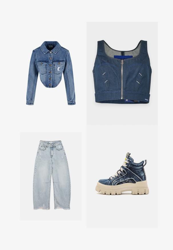 Kärbitud denimblaazer helesinises värvitoonis, millel on terava kraega, nööbid ja kaks rinna taskut ning broderi logo detail vasakul taskul.; Tumedast sinise denimi lühike topp, millel on ümar kaelus, eeslane, ja kontrastõmblused. Omab kahte esist taskut, millel on kaarekujulised äärised.; Heledast sinised laiade säärtega teksapüksid kulunud detailide ja narmendavate äärega, esiküljel taskud, vööaasad ja nööpkinnitusega.; Buffalo ASPHA MID - Kõrge servaga tossud - blue