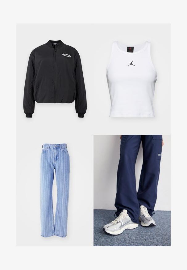 Sort bomberjakke med lynlås, ribstrikket krave og manchetter samt "New Balance Athletics"-logo på venstre bryst.; Hvid cropped tanktop lavet af bomuld med ribbet tekstur. Har et sort Jordan-logo i midten og en klassisk rund halsudskæring.; Lyseblå denimjeans med vertikale hvide striber, høj talje, løs pasform, fem lommer og knaplukning.; Nike sportssko med en sølvfarvet mesh-overdel, hvide detaljer og strukturerede såler, parret med løstsiddende navy bukser.