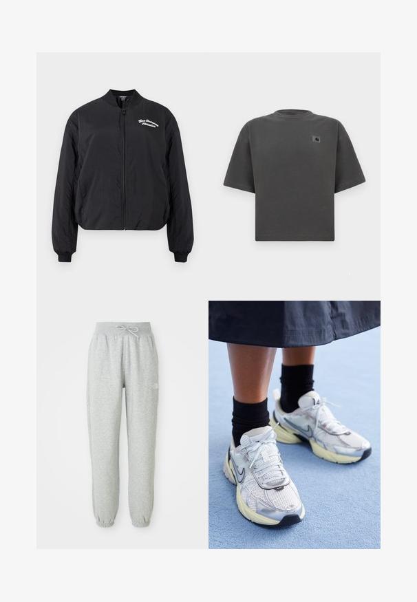 Sort bomberjakke med lynlås, ribstrikket krave og manchetter samt "New Balance Athletics"-logo på venstre bryst.; Mørkegrå oversized T-shirt med korte ærmer, rund hals og lille Carhartt-logo på venstre bryst.; Grå sweatpants med elastisk talje og snøre. Stoffet er blødt, og de har elastiske manchetter ved anklerne samt et logoaccent.; Hvide og sølv Nike sneakers med mesh-stof, reflekterende detaljer og en beige sål. Bæres med sorte sokker og står på en blå overflade.