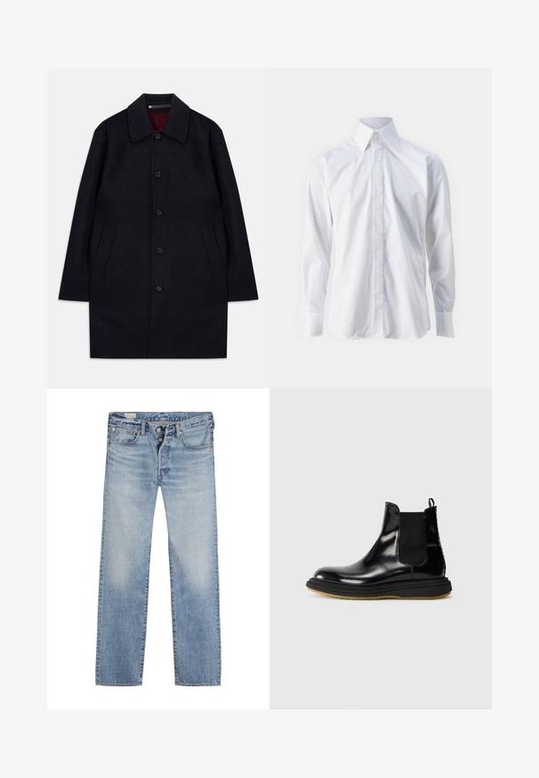 Must musta pikk villane jope kraega, nööpidega ees ja kahe kaldi taskuga, esitletud valgel taustal.; Valge pika varrukaga shirt sujuva kangaga, millel on klassikaline krae, nupuga eest ja diskreetne tikandiga logo alumises vasakus nurgas.; Heledad sinised teksad sirge lõikega, nupu sulgemisega, viie tasku disainiga ja kulunud tekstuuriga reite piirkonnas.; Mustmustest mustre ZNAKS mustest mustmustze mustmust ja mustmust vaht mustdmustest, mustdendada mustd, musthõbedana musth ja mustmust mustdmustest.