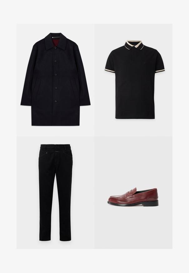 Schwarzer Wollmantel mit mittlerer Länge, Kragen, Knopfverschluss und zwei schräge Seitentaschen, auf einem weißen Hintergrund präsentiert.; Schwarzes Kurzarm-Poloshirt mit beigem Besatz an Kragen und Ärmelsäumen, mit einem dezenten Logo auf der linken Brust.; Schwarze Denim-Hose mit geradem Schnitt, ausgestattet mit einem Knopfverschluss, Fünf-Taschen-Design und einer glatten Oberfläche.; Burgunderfarbene Leder-L loafers mit glatter Oberfläche, dekorativer Naht und runder Zehenpartie. Mit niedrigem schwarzen Absatz.