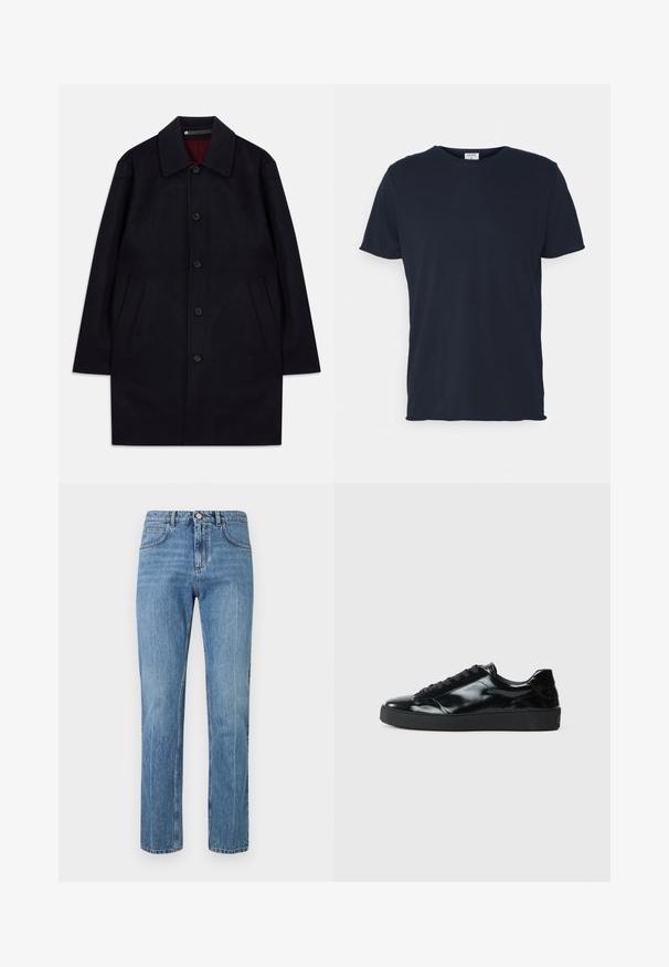 Zwarte mid-length wollen jas met kraag, knoopsluiting aan de voorkant en twee schuin geplaatste zijzakken, tentoongesteld op een witte achtergrond.; Navyblauwe katoenen t-shirt met ronde hals en korte mouwen, met een gladde textuur en eenvoudig ontwerp, zonder zichtbare patronen of accenten.; Blauwe rechte high-waist jeans met een knop aan de voorkant, rits, riemlussen en vijf-pocket ontwerp tegen een witte achtergrond.; Zwarte gepatenteerde leren sneakers met een ronde neus, vetersluiting, een gestructureerde rubberen zool en een glanzende afwerking.