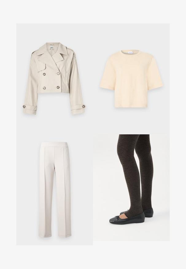 Gabardina beige cortada con cierre de botones de doble botonadura, grandes solapas y puños enrollados. Tejido suave con un ajuste a medida.; Camiseta de algodón beige con mangas cortas, cuello redondo y un ajuste relajado. Textura lisa sin estampados ni detalles adicionales.; Pantalones de pierna ancha color beige claro, confeccionados en una tela suave, con una cintura alta, dos pliegues frontales y un acabado limpio y a medida.; Piernas con leggings oscuros acanalados combinados con bailarinas negras que presentan pequeños detalles de lazo sobre un fondo blanco.