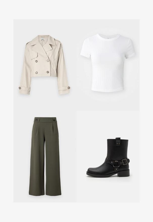 Gabardina beige cortada con cierre de botones de doble botonadura, grandes solapas y puños enrollados. Tejido suave con un ajuste a medida.; Camiseta corta de manga corta blanca, con cuello redondo, exhibida sobre un fondo neutral claro.; Pantalones de pierna ancha, de color verde oliva, hechos de una tela suave; cuentan con dos botones negros en la cintura y pliegues frontales para añadir detalle.; Botín de cuero negro hasta el tobillo con punta cuadrada, tacón redondeado, tira decorativa y detalle de hebilla, y acentos metálicos. Textura suave.