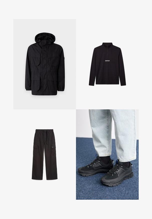 Chaqueta con capucha negra hecha de tejido ligero, que cuenta con cuatro bolsillos frontales, puños elásticos y una cintura ajustada para un ajuste personalizable.; Jersey de manga larga negro de Calvin Klein con cremallera de cuarto y logo blanco impreso en el pecho.; Pantalones cargo negros con cintura elástica, cinturón ajustable, bolsillos laterales con solapa y un pequeño parche con el logo en el bolsillo derecho.; Zapatillas deportivas negras con tejido texturizado y suelas de goma, con cordones elásticos y un acento azul en el talón. Combinadas con pantalones de mezclilla claros.