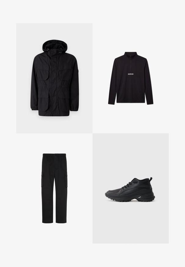 Chaqueta con capucha negra hecha de tejido ligero, que cuenta con cuatro bolsillos frontales, puños elásticos y una cintura ajustada para un ajuste personalizable.; Jersey de manga larga negro de Calvin Klein con cremallera de cuarto y logo blanco impreso en el pecho.; Pantalones cargo negros de pierna recta con cintura elástica, cierre de botón y dos bolsillos con solapa en los lados.; Zapatillas deportivas negras hechas de material sintético. Presentan un cuello acolchado, puntera redonda, suela resistente con tracción y detalle del logo de la marca.