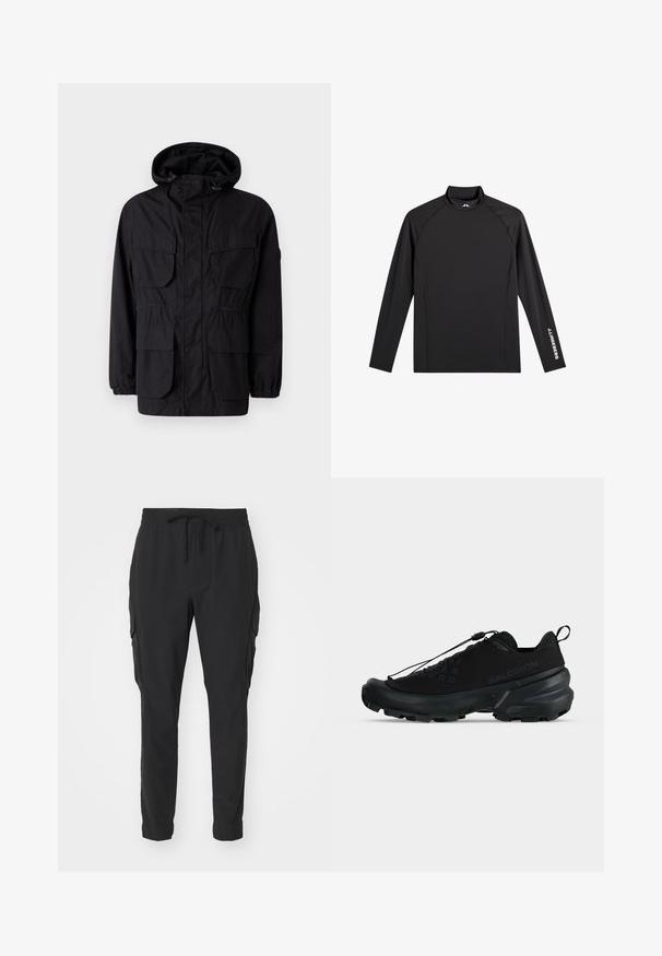 Chaqueta con capucha negra hecha de tejido ligero, que cuenta con cuatro bolsillos frontales, puños elásticos y una cintura ajustada para un ajuste personalizable.; Camiseta negra deportiva de manga larga con cuello alto falso, corte ajustado y logo blanco "J.Lindeberg" en la manga izquierda y el cuello.; Pantalones cargo negros de tela ligera. Cintura elástica con cordón. Diseño de pierna ajustada y bolsillos laterales. Textura suave.; Zapatilla baja negra de Salomon con suela resistente, sistema de cordones de tirón rápido y logo de marca sutil en el lateral.